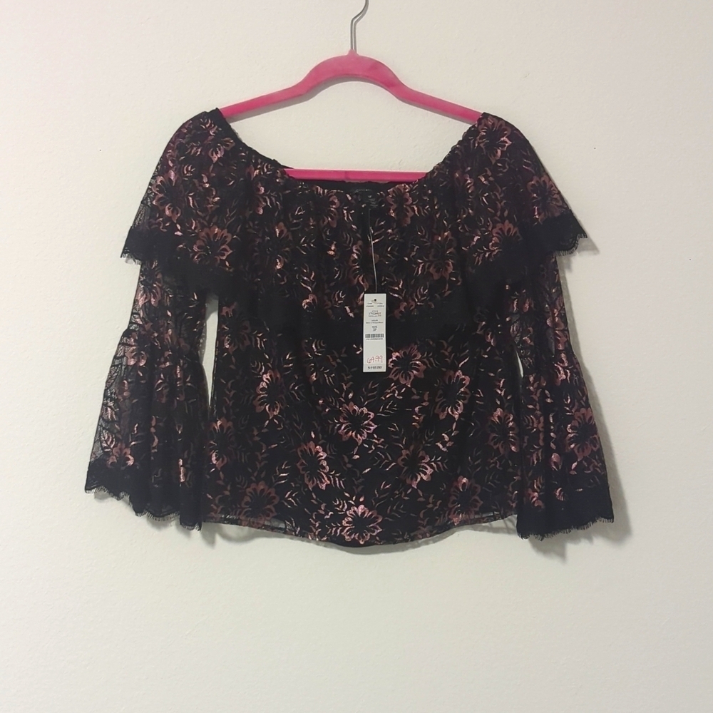 White House Black Market Off the Shoulder Lace Bell Sleeve Top